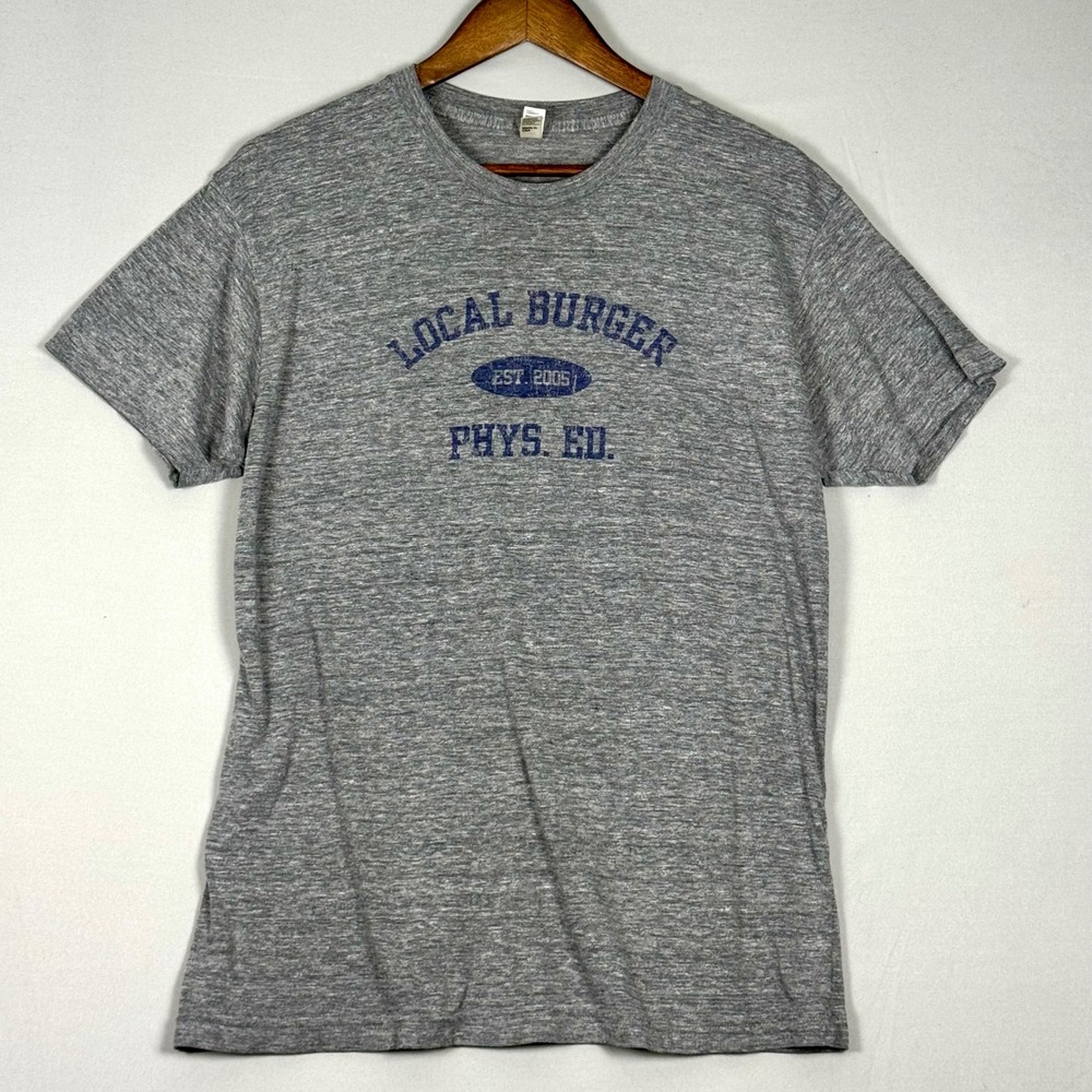 American Apparel Track Shirt Men Large Gray Excellent Local Burger Phys Ed Tee